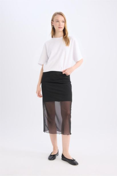 Regular Waist Draped Lined Tulle Midi Skirt