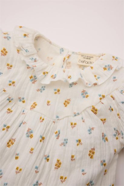 Girl Baby Muslin Floral Patterned Ruffle Collar Shirt