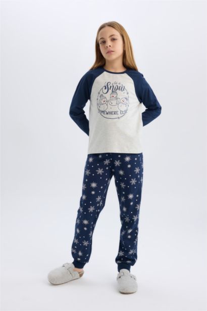 Girl Christmas Themed Top Bottom 2 Piece Pajama Set