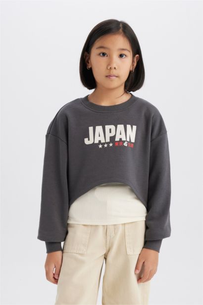 سويت شيرت بناتي قصير مطبوع برقبة مستديرة و ديباردور