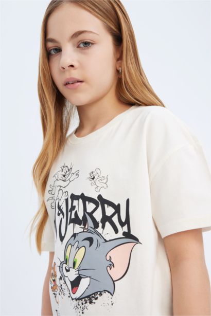 تيشيرت نص كم بنات بطبعة توم وجيري قصة مريحة برقبة مستديرة