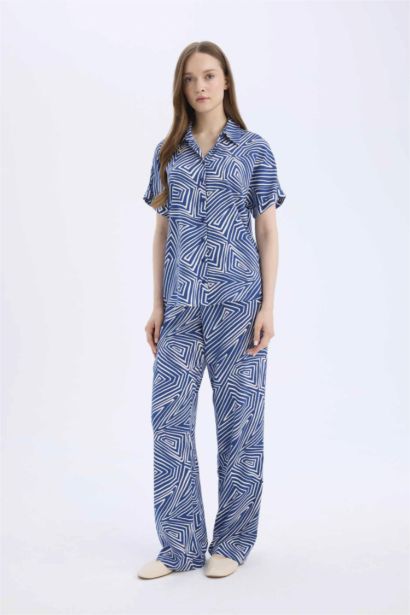 Regular Fit Desenli Beli Lastikli Düz Paça Pantolon