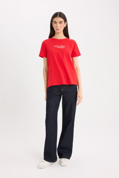 Regular Fit Crew Neck Slogan Printed Cotton T-Shirt