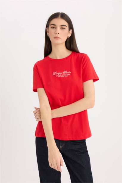 Regular Fit Crew Neck Slogan Printed Cotton T-Shirt