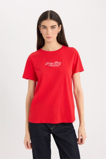 Regular Fit Crew Neck Slogan Printed Cotton T-Shirt