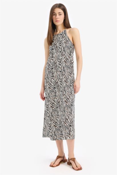 فستان نص كم ميدي بطباعة الحيوان القماش المنسوج قصة مستقيمة بدون كم برقبة مدورة