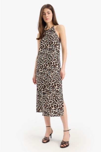 Straight Fit Round Collar Animal Print Sleeveless Midi Dress