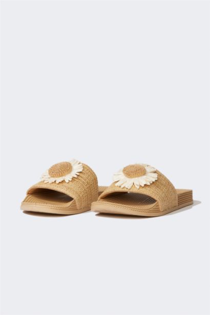 Woman Floral Flat Base Faux Leather Slippers