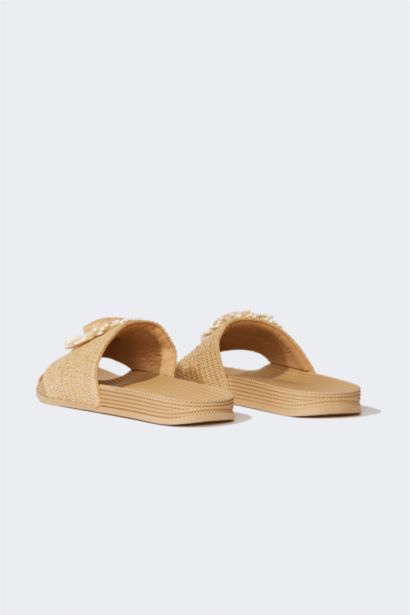 Woman Floral Flat Base Faux Leather Slippers