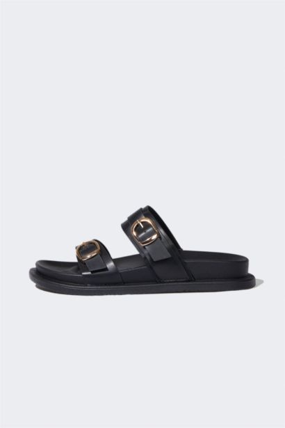 Woman Flat Sole Faux Leather Slippers