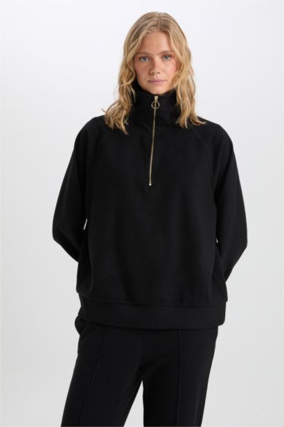 Regular Fit Yarım Fermuarlı Dik Yaka Basic Düz Sweatshirt