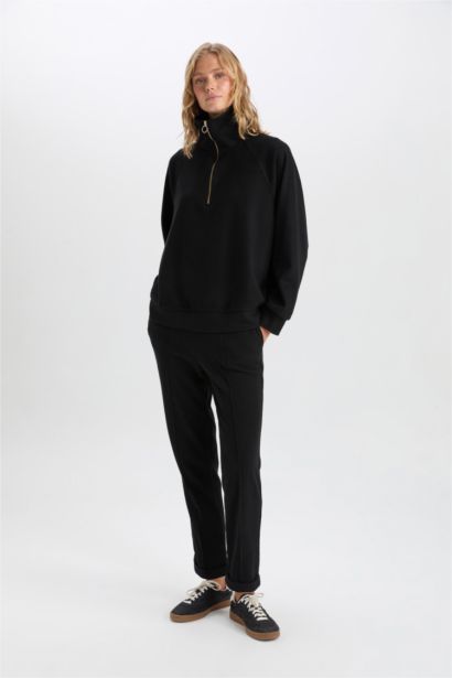 Pantolon Beli Lastikli Basıc Bağcıklı Cepli Paça Katlamalı Uzun Boy Siyah