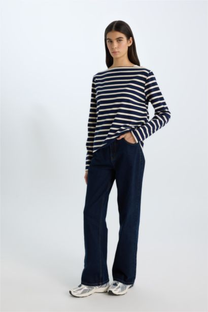 تي شيرت كم طويل مخطط قصة عادية بياقة مستديرة