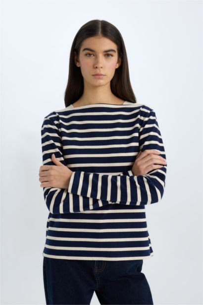 تي شيرت كم طويل مخطط قصة عادية بياقة مستديرة