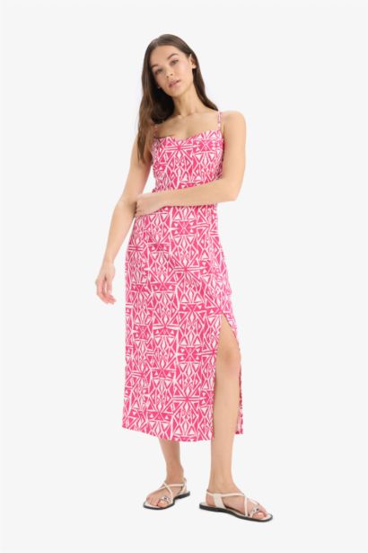 Straight Fit Round Collar Printed Sleeveless Midi Dress