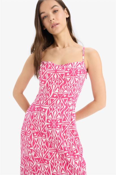 Straight Fit Round Collar Printed Sleeveless Midi Dress