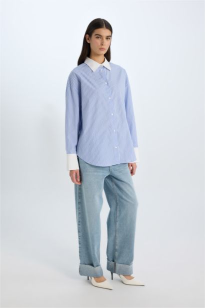 قميص كم طويل بوبلين اوفر سايز بياقة قميص