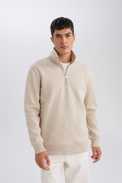 3 İplik Pamuklu Şardonlu İçi Polarlı Comfort Regular Fit Rahat Kalıp Dik Yaka Fermuarlı Kalın Sweatshirt