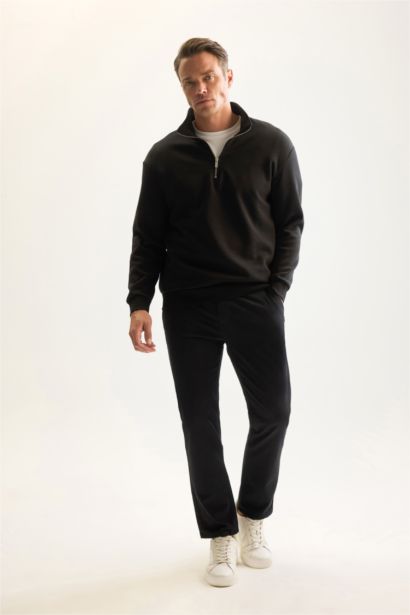 Siyah 3 İplik Pamuklu Şardonlu İçi Polarlı Comfort Regular Fit Rahat Kalıp Dik Yaka Fermuarlı Kalın Sweatshirt