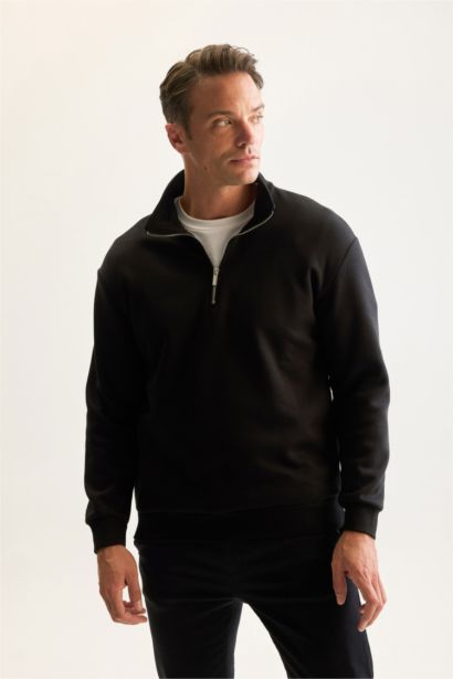 Siyah 3 İplik Pamuklu Şardonlu İçi Polarlı Comfort Regular Fit Rahat Kalıp Dik Yaka Fermuarlı Kalın Sweatshirt