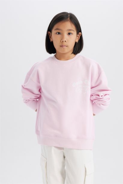 Relax Fit Bisiklet Yaka Baskılı Okul Sweatshirt Kız Çocuk