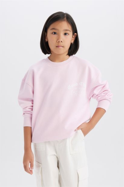 Relax Fit Bisiklet Yaka Baskılı Okul Sweatshirt Kız Çocuk