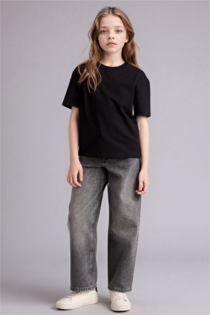 تيشيرت بنات نص كم قصة مريحة برقبة مستديرة