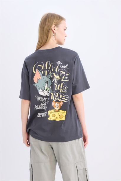 تيشيرت نص كم مطبوع اوفر سايز برقبة مستديرة