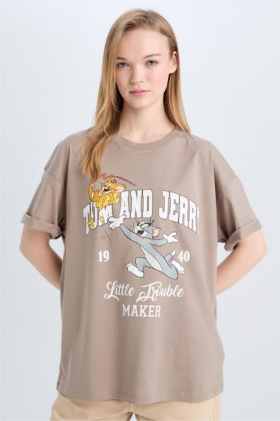 T-shirt oversize à col rond à imprimé Tom & Jerry