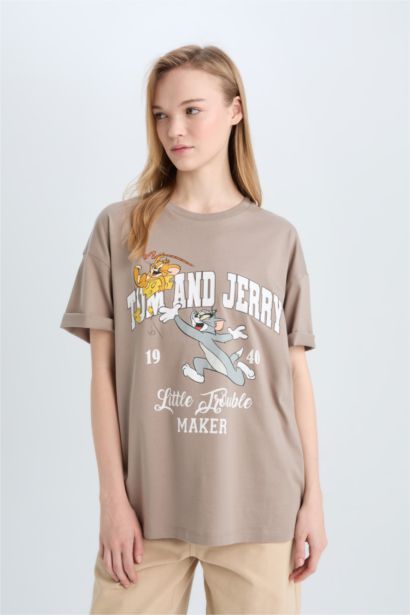 T-shirt oversize à col rond à imprimé Tom & Jerry