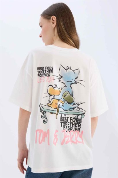Tom & Jerry Oversize Geniş Kalıp Bisiklet Yaka Sırt Baskılı Kısa Kollu Tişört