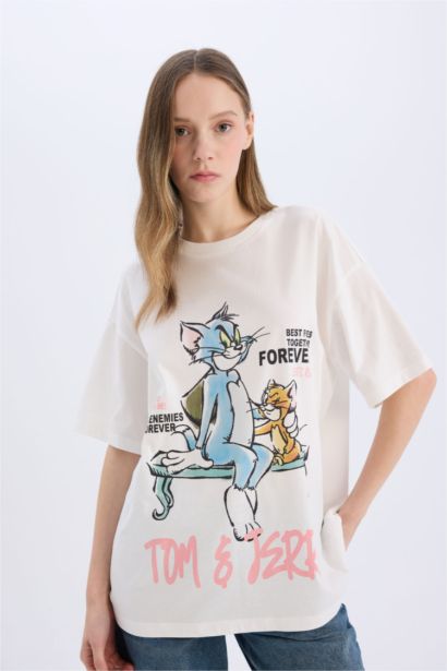 Tom & Jerry Oversize Geniş Kalıp Bisiklet Yaka Sırt Baskılı Kısa Kollu Tişört