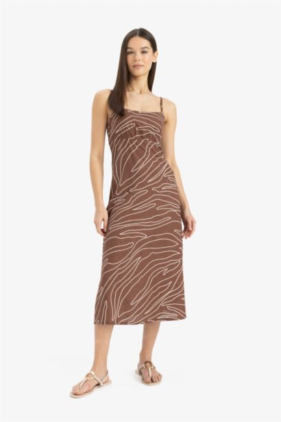 Square Collar Strappy Patterned Linen Blend Midi Dress