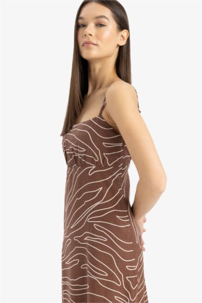 Square Collar Strappy Patterned Linen Blend Midi Dress