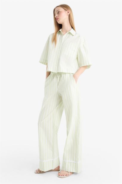 Wide Leg Striped High Waist Poplin Trousers