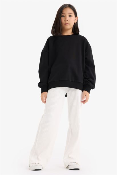 Oversize Geniş Kalıp Bisiklet Yaka Sırt Baskılı Sweatshirt Kız Çocuk
