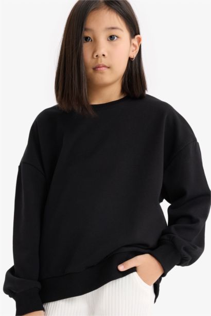 Oversize Geniş Kalıp Bisiklet Yaka Sırt Baskılı Sweatshirt Kız Çocuk