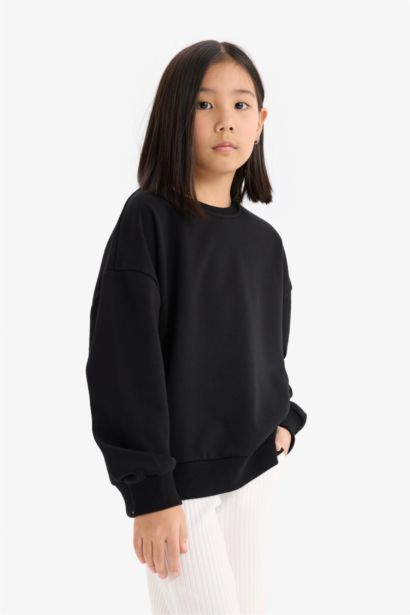 Oversize Geniş Kalıp Bisiklet Yaka Sırt Baskılı Sweatshirt Kız Çocuk