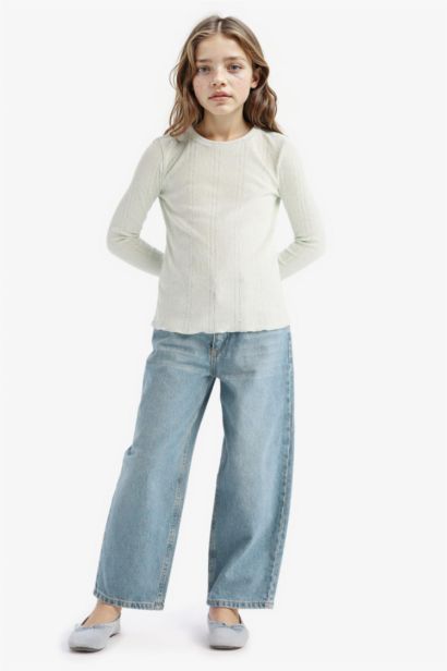 T-shirt slim à col rond et manches longues pour fille