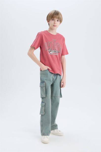 تيشيرت أولاد نص كم مطبوع قصة عادية برقبة مستديرة