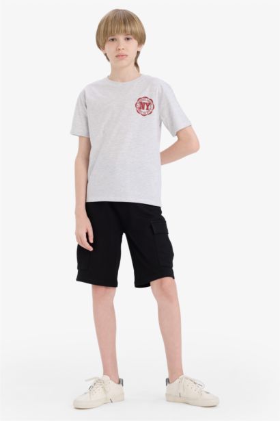 تيشيرت نص كم مطبوع قصة عادية برقبة مستديرة