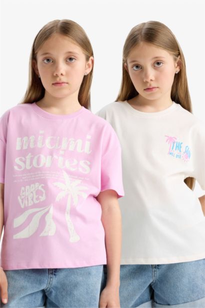 تيشيرت بناتي نص ردن قصة مريحة - قطعتين