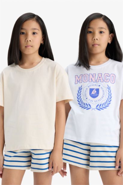 Relax Fit Bisiklet Yaka 2'li Kısa Kollu Tişört Kız Çocuk