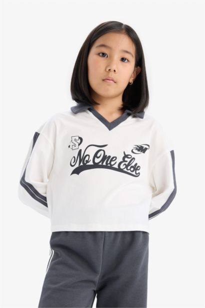 Kız Çocuk 2'li Takım Baskılı Sweatshirt Beli Lastikli Geniş Paça Eşofman Altı