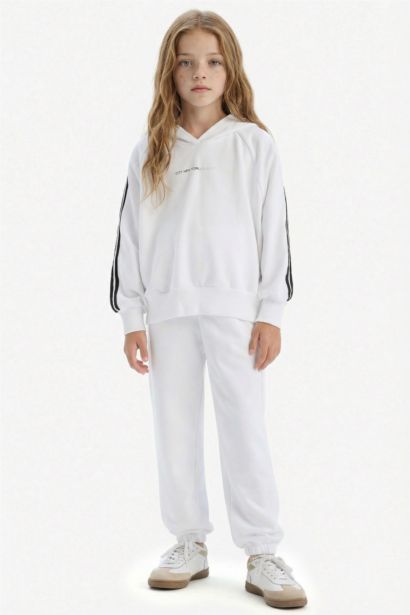 2'li Takım Kapüşonlu Baskılı Sweatshirt Beli Paçası Lastikli Eşofman Altı Kız Çocuk