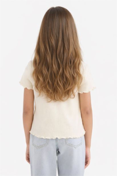 تيشيرت بناتي نص ردن مضلع بطبعة شعار سليم فيت