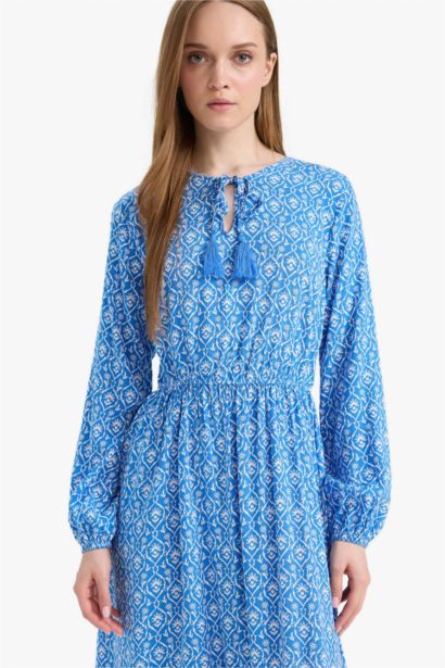 Bisiklet Yaka Desenli Viskon Uzun Kollu Maxi Elbise