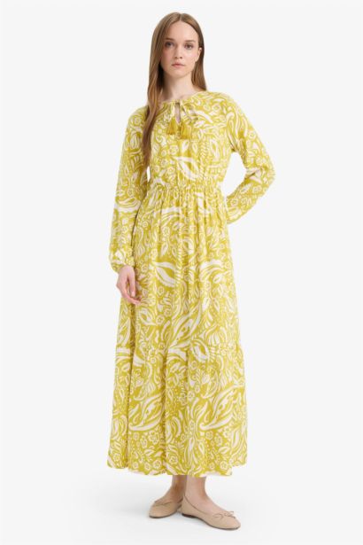 Bisiklet Yaka Desenli Viskon Uzun Kollu Maxi Elbise