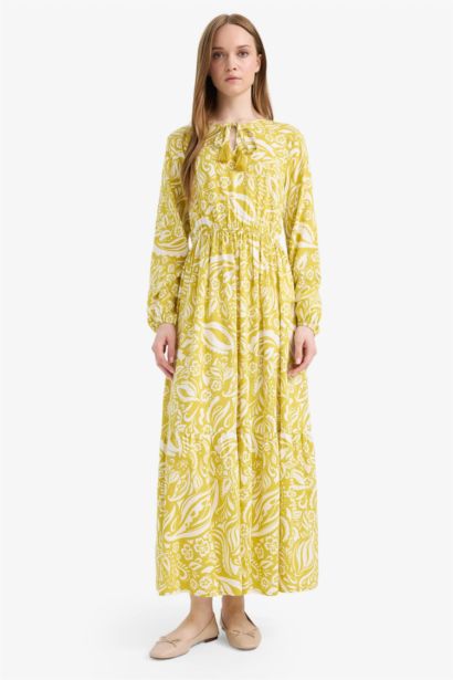 Bisiklet Yaka Desenli Viskon Uzun Kollu Maxi Elbise