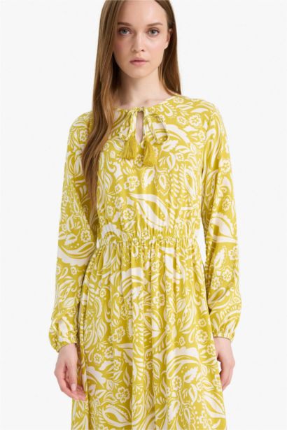 Bisiklet Yaka Desenli Viskon Uzun Kollu Maxi Elbise